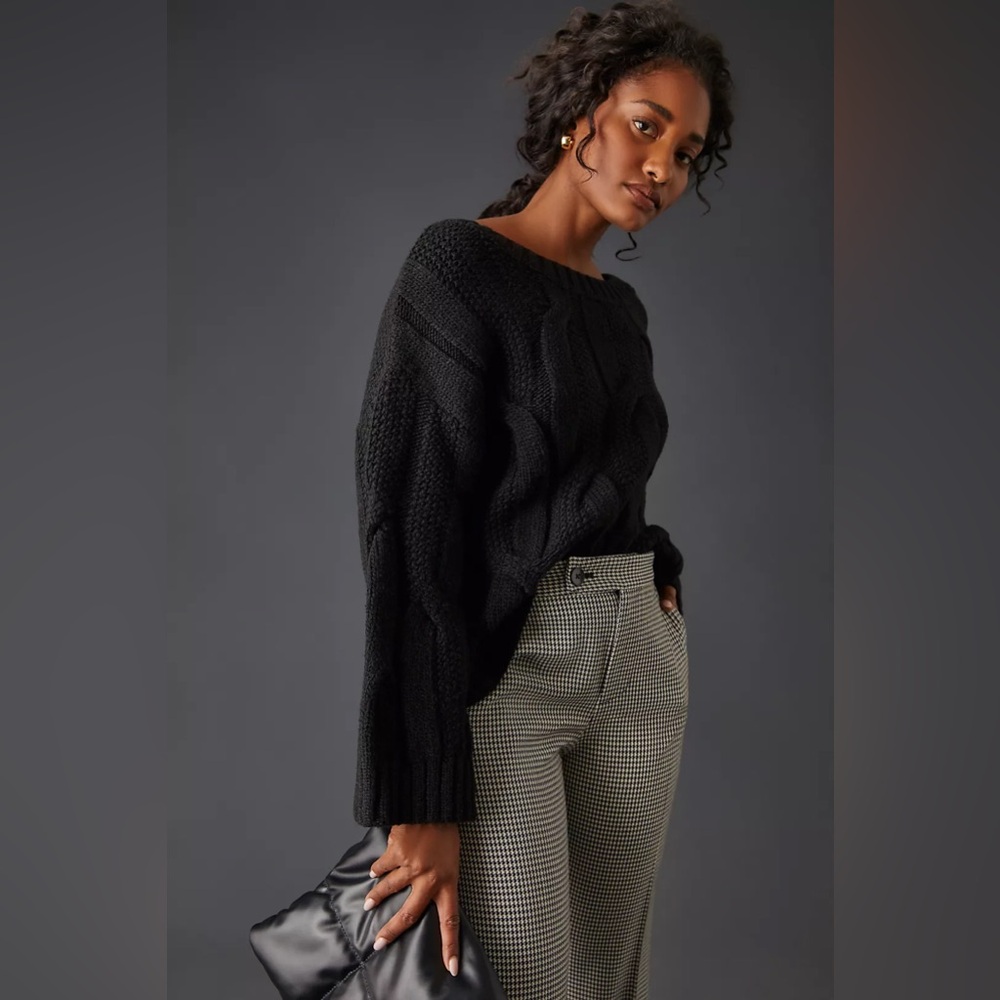 Anthropologie Maeve Oversized Cable-Knit Sweater XS black thick cozy long sleeve